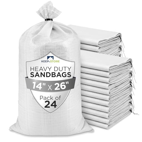 Heavy Duty Sand Bags Pack of 24, White Empty Sandbags with Built-In Ties, Woven Polypropylene UV Protection 1600 Hours, Fillable Bags for Flood Control, Weight, 14x26 inches, 50 Pounds Volume