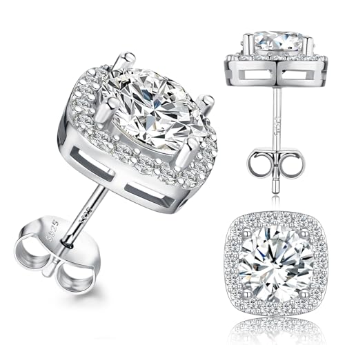 Lyniuoy Moissanite Square Stud Earrings For Women Men Cubic Zirconia Halo Sparkle Earring 18K White Gold Plated 925 Sterling Silver Hypoallergenic Stud Gifts For Women Wife Girlfriend 5.0mm 0.5ct X2