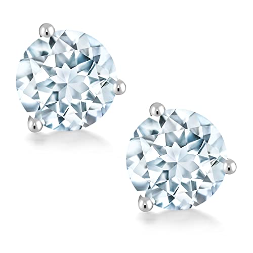 Gem Stone King 14K White Gold Sky Blue Aquamarine Martini Stud Earrings (1.50 Cttw, Gemstone Birthstone, Round 6Mm) #TOP23