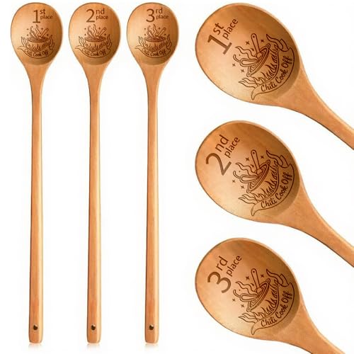3 Pcs Chili Cook off Trophies Chili Cook off Prizes 1st 2nd 3rd Place Medals, Golden Spoon Award Trophies Set, Chili Cook Off Wood Spoon Prizes for Cooking Events Party Decorations Supplies Gifts