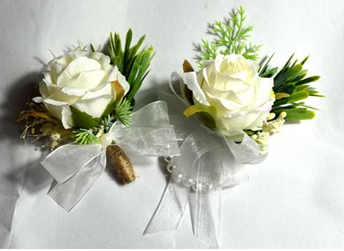 Rikyo 2Pcs White Rose Flower Wrist Corsage Boutonniere Set,3\" White Corsage and Boutonniere Set, Wrist Corsage Wristband,Brides Wedding Flowers Accessories Prom Suit Decor