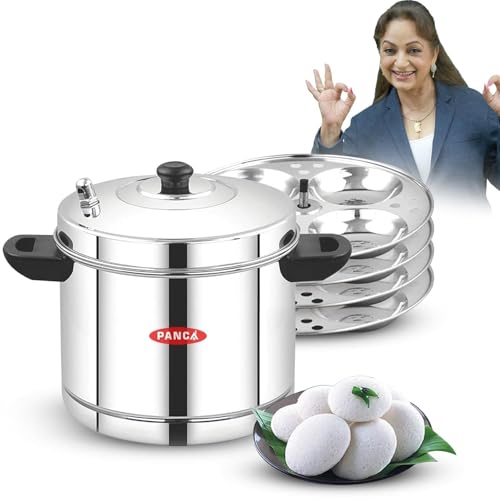 Image of PANCA Stainless Steel Idli Maker 4 Plates | 16 Idlies Steamer for Home Kitchen | Heavy Duty Idli Cooker 15 Litre with Induction & Gas Compatible Base | Multi-Purpose Cookware Pot 4 Plate Idli Maker (4 Plate Idli Cooker)