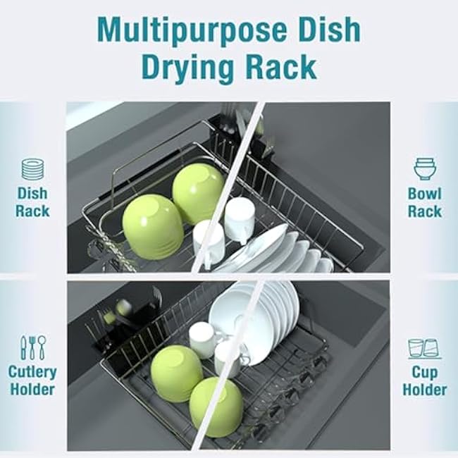 Dish Drying Rack, Expandable Stainless Steel Drainers for Kitchen Counter, Over The Racks with Utensil Holder£¬ Silver