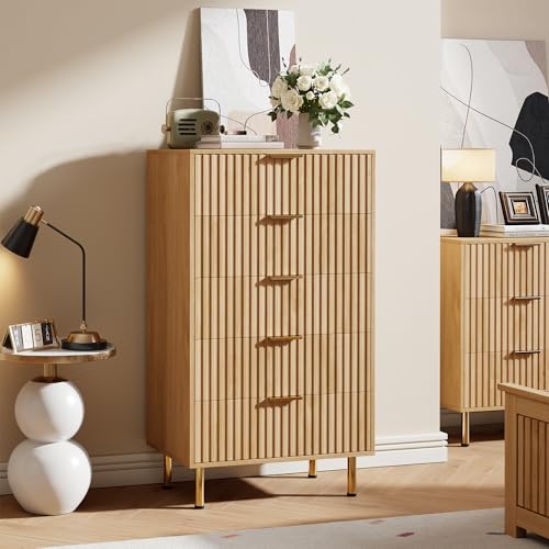 GarveeHome 5 Drawer Dresser for Bedroom, 48 in Tall Modern Chest of Drawers with Deep Drawers and Wide Top, Fluted Wooden Dresser Organizer for Living Room, Hallway, Kids Room, Natural Natur