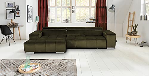 Mivano Eckcouch Orion / Großes Ecksofa mit XL-Recamiere inkl. Relaxfunktion, Kopfteilfunktion und Kissen / 307 x 73 x 186 / Velours, Grün – Bild 3