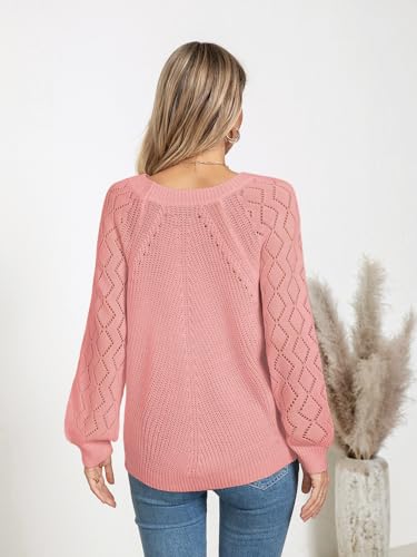 Image of Libsorge Womens Cute Crochet Knit Hollow Out Sweater Fall 2024 Lightweight Ribbed Crewneck Long Sleeve Pullover Top
