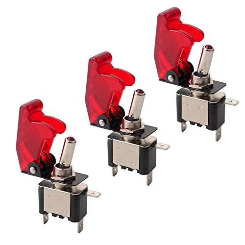 QitinDasen 3Pcs Voiture Commutateur à Levier, Rouge LED Indicateur Rouge Étanche Couverture, ON-OFF 2 Positions 3 Broches SPST Interrupteur Bascule, pour Bateau Auto Camion (20A / 12VDC)