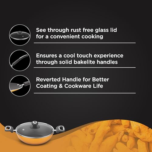 Image of Preethi Dura Collection Non Stick Kadai, 24 cm, with Glass Lid, Gas & Induction Compatible, 5 Star Non Stick Effect, Turmeric Yellow
