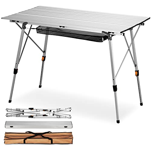 FiveJoy Folding Camping Table Outdoor Portable Picnic Camp Table with Aluminum Legs Adjustable Height Roll Up Table with Mesh Layer for Picnic Beach Grill Backyard Kitchen