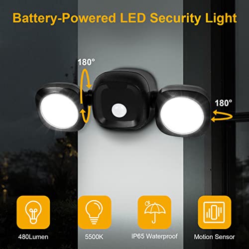 Battery-Operated Motion Sensor Lights Outdoor/Indoor - Wireless Led Flood Lights With Detector, 5500K, Ip65 Waterproof Dual Head Security Spotlight Outside House Garage Driveway Porch Shed Exterior #TOP1