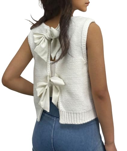 Image of chouyatou Women's Y2K Backless Crop Sweater Vest Back Tie Knot Crewneck Sleeveless Knit Vest Tank Tops