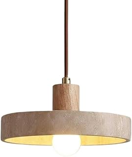 Japanese Travertine Pendant Light, 8 Inch Wood Stone Hanging Ceiling Lamp with Adjustable Cord for Kitchen Island, Dining Room Bedroom Bedside Bar Counter