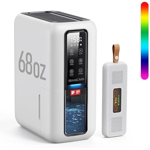 Dehumidifier for Home, Dehumidifiers for Bathroom, Bedroom, Living room, Closet with 68 OZ Water Tank, Moisture Absorbers, Auto Shut Off, Auto Humidity Control, 7 Colors LED Light, White