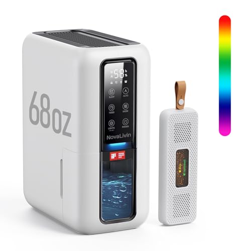 Dehumidifier for Home, Dehumidifiers for Bathroom, Bedroom, Living room, Closet with 68 OZ Water Tank, Moisture Absorbers, Auto Shut Off, Auto Humidity Control, 7 Colors LED Light, White by NovaLivin - Used condition - CA$21.11