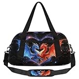 ジム旅行ダッフルバッグ 男の子用 - キッズオーバーナイターウィークエンドバッグ フロントジッパーポケット付き 学校の練習用 ティーンズ 機内持ち込みサイズ お泊りバッグ, レッド-ブルードラゴン, カートゥーン