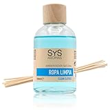 SYS Aromas Ambientador Mikado Ropa Limpia - Difusor con Varillas de Ratán - Larga Duración - Ideal para Hogar, Oficina, Baño - Fabricado en España - 100 ml con 8 Varillas