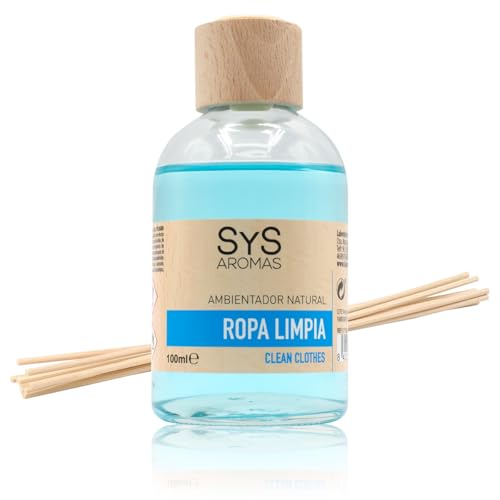 SYS Aromas ambientador Mikado roupa limpa - difusor com varetas de rato - longa duração - ideal para casa, escritório, casa de banho - fabricado em Espanha, 100 ml com 8 varetas