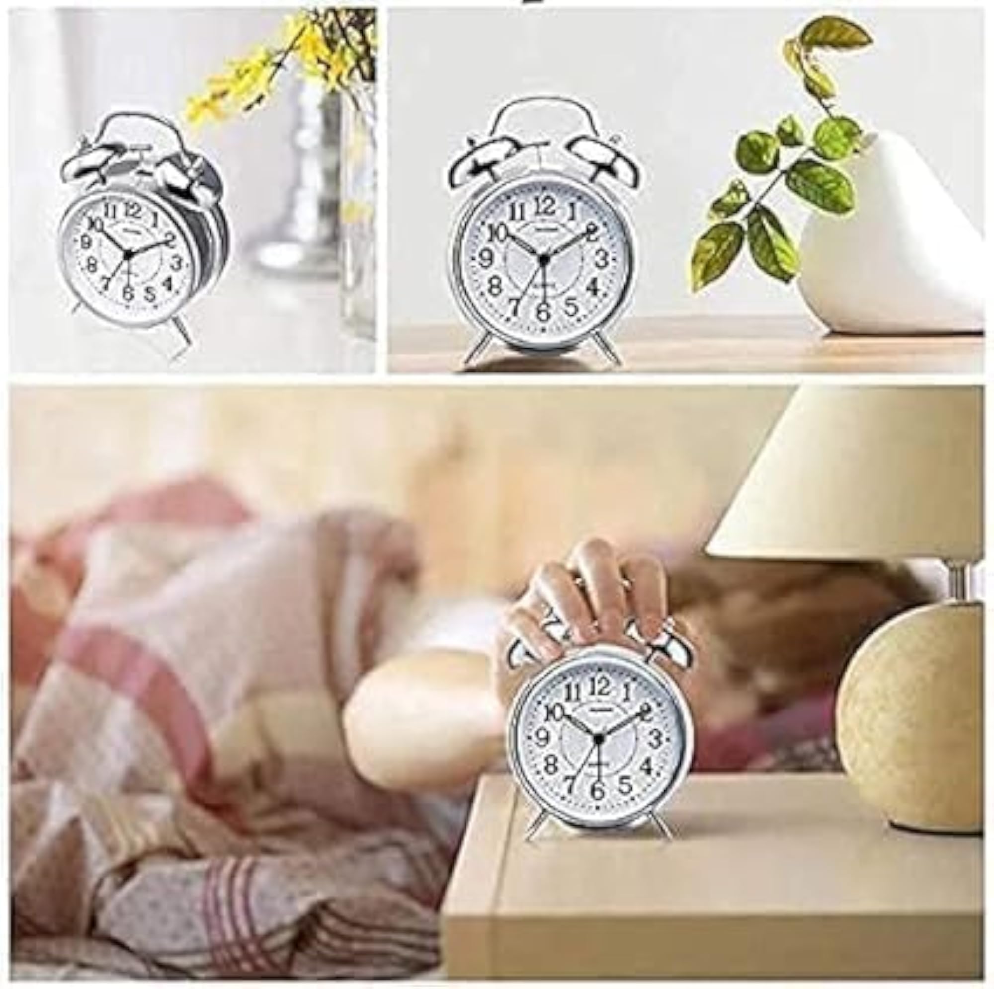 Vintage Classic Twin Bell Table Top Alarm Clock with LED Night Light