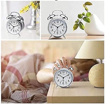 Image of Classic Twin Bell Analog Alarm Clock - Retro Metal Table Clock with Night Light & Loud Ringer - Ideal for Bedroom, Office, or Study (Silver)