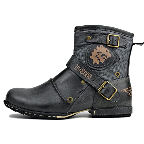 Osstone Moto Boots For Men Fashion Zipper-Up Leather Chukka Boots Casual Shoes 5008-1-Nh-10 Gray #TOP1