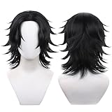 maysuwell Anime Black Short AcE wig Center-parted Bangs Design Upward Flipped Ends COS Fire Fist Role wigs Heat Resistant Synthetic Hair Halloween Party