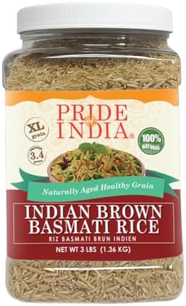 Pride of India Brown Basmati Rice โ 3 lb | Extra Long Grain Rice Naturally Aged 2 Years | Non Sticky Aromatic Whole Grain Brown Rice for Rice Bowls, Pilaf & Everyday Cooking