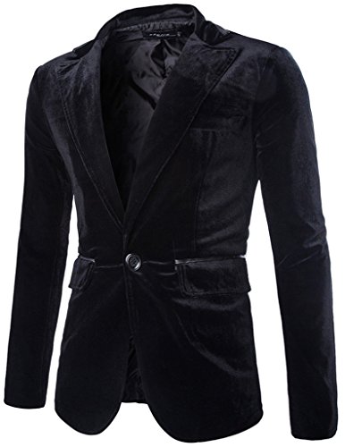 Porlox Mens Slim Fit Peaked Lapel 1 Button Velvet Blazer Jacket Black