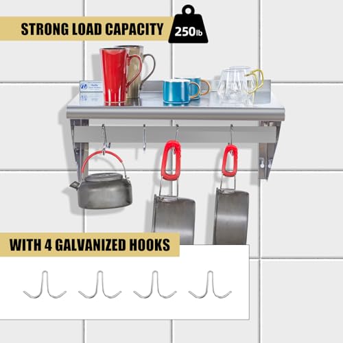 Image of Hally Stainless Steel Shelf with 4 Hooks 14 inch x 24 inch Wall Mounted Pot Rack 250lb, NSF Commercial Floating Shelving for Storage Hanging Pots, Pans, cookware in Restaurant, Kitchen, Home and Hotel
