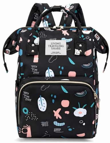 حقيبة ظهر للأمهات لمستلزمات الأطفال، نمط دوائر ملونة، بطانة عازلة من رقائق الألومنيوم، سعة كبيرة مع جيوب منظمة (اسود 2)
