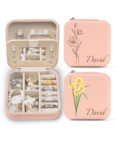 Personalized Jewelry Travel Case(with mirror) with Your Name and Birth Flower,Personalized Gifts for Women - Festival gifts, Bridesmaids Gifts, Small Travel Jewelry Box Organizer for Girls (pink)