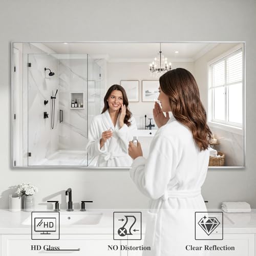 Image of Koonmi Silver Rectangle Wall Mirror, 30x60 Inch Bathroom Mirror, Aluminum Frame Vanity Mirror for Entryway, Living Room, Bedroom Bathroom, Hangs Horizontally or Vertically