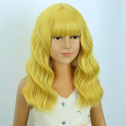 Image of Golden Blonde Wig Short Blonde Wavy Curly Wigs Wig with Air Bangs Synthetic Cosplay Hair Wigs