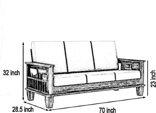 Image of Solid Sheesham Wood 5 Seater Sofa Set with Center Table for Living Room | Wooden 3+1+1 Sofa Set with Coffee Table for Home | Five Seater Sofas with Storage & Cream Cushion | Honey