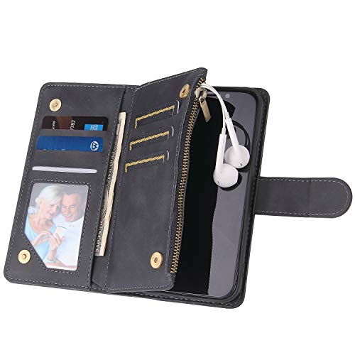 QLTYPRI Wallet Case for iPhone 13, Zipper Pocket Premium PU Leather Card Holder Slots with Kickstand and Wrist Strap Magnetic Adsorption Large Capacity Cover for iPhone 13(6.1 inch) - Black by QLTYPRI - Image 6