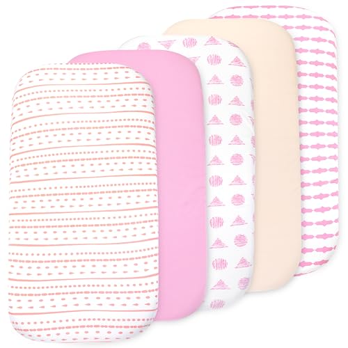 Image of Baby Bassinet Sheet Set for Boy and Girl, 5 Pack Organic Universal Fitted for Oval, Hourglass & Rectangle Bassinet Mattress, Fitted Sheets Size 32 x 16 x 4 Inches, Pink