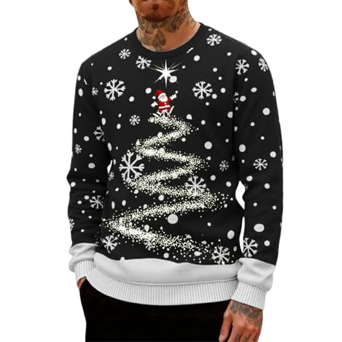 Image of Ugly Christmas Jumpers for Men Crew Neck with Long Sleeves, Warm Cosy Xmas Jumper Funny Christmas Sweater Men Novelty Graphic Reindeer Snowflakes Knitted Xmas Tree Jumpers (Black-2, XXL)