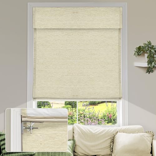 MiLin No Tools No Drill Cordless Roman Shades Privacy Linen Blackout Roman Window Natural Linen Fabric Blinds for Windows Treatment Bedroom Kitchen Living Room (Buff, 29 1/2