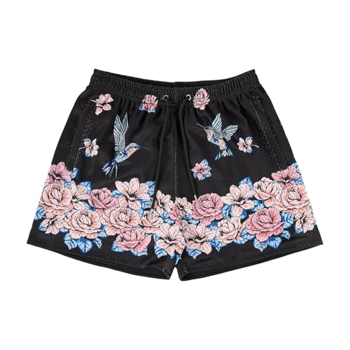 BOOMLEMON Mens Mesh Graphic Print Shorts Casual Fashion Cool Shorts Retro Active Gym Streetwear Short Pants(Black Peony S)