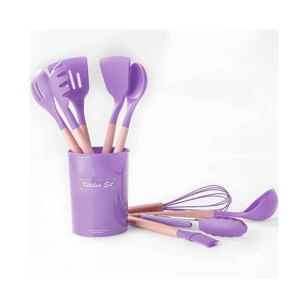 YYDS Kitchen Equipment Utensil Set with Stand – 11 PCS Silicone Wood Cooking Utensils Non-Stick Set Utensils for Countertop, Purple Kitchen Accessories