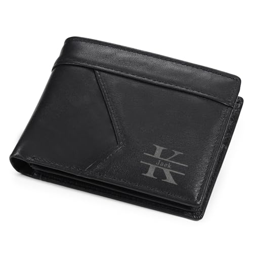 Image of Personalized Leather Wallet for Men, Engraved Wallet for Groomsmen Gifts, Best Man Gift, RFID Blocking Bifold Thin Wallet, Wedding Party & Birthday Gift for Dad Husband (Classic Black)