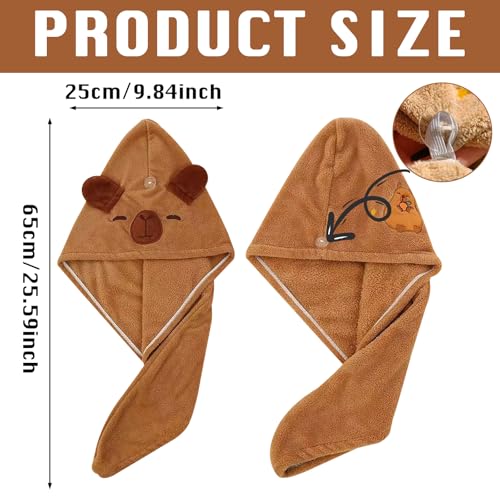 BSITSSS Capybara Mikrofaser Handtuch Haare 2er-Set, Haarturban mit Knopf, Entzückend Haarhandtuch Schnelltrocknend, Haar Handtuch Super Saugfähig, Handtuch für Haare für Alle Haartypen