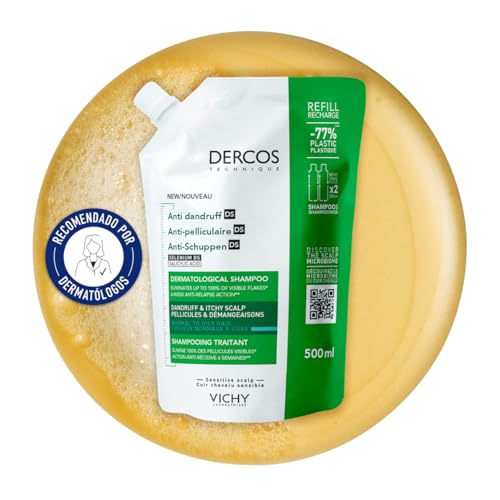 Vichy Recarga de Champú Anticaspa, Para Cabello Normal a Graso, Elimina la Caspa y Reduce los Picores, Cuero Cabelludo Limpio y Sano, Doble Eficacia, Unisex, Dercos Technique, 500 ml