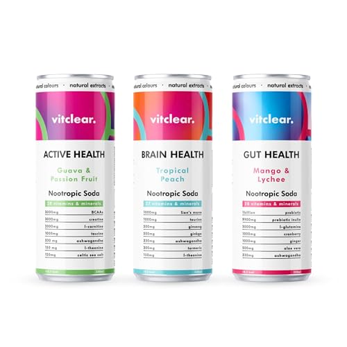 VitClear Functional Nootropic Soda - Variety Box (12 x 330ml) Drink for Brain Health, Gut Health, and Active Health. Low Sugar, Vegan, Non-GMO, Natural Extracts, Adaptogen Wellness Drinks