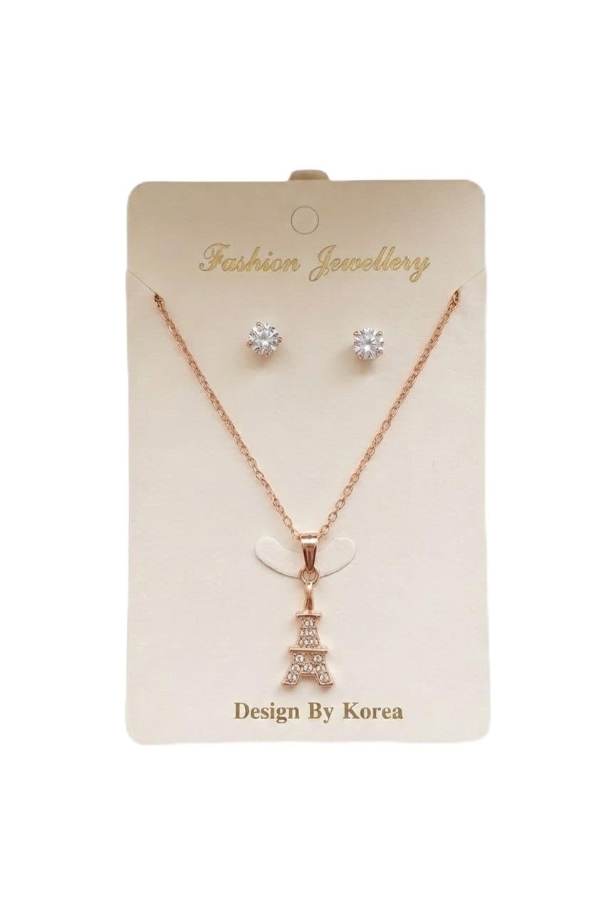 Korean Paris Eiffel Tower Rose Gold Chain Pendant Set with Earrings | Trending Fancy Crystal Jewelry Set for Women Stylish Necklace Combo-picture-21