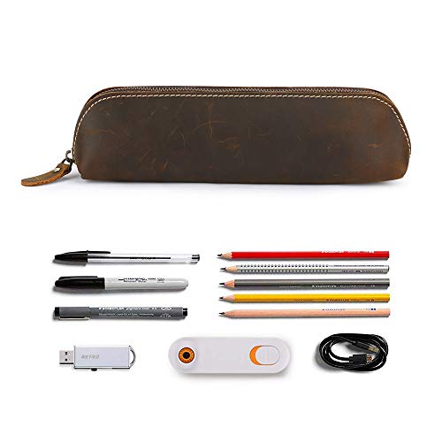 BestFire Vintage Leather Pencil Case, Pencil Bag Pouch with Zipper Pen Holder Handmade Genuine Leather Stationary Case for Students Businessmen and Artists Home Work Office - Thumbnail 3