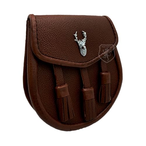 Image of Scottish Original Leather Sporran with Leather Belt & Chain (Brown Leather Stag Head Sporran)