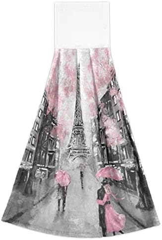 Kigai Romantic Paris Eiffel Tower Hanging Tie Towels Set of 2, Absorbent Hand Towels Tea Bar Dish Dry Towels for Kitchen Bathroom Home Decor, 14 x18.2 inch