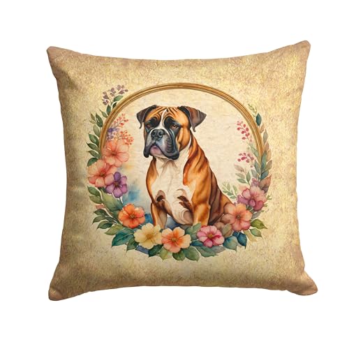 Caroline's Treasures DAC2102PW1414 Boxer and Flowers Fabric Decorative Pillow Machine Washable, Indoor Outdoor Decorative Pillow for Couch, Bed or Patio, 14Hx14W