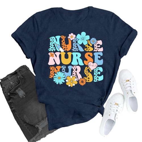TUPOSU Nurse Shirts for Women Nurse Life T-Shirt Nurse Appreciation Week Tee Tops Blue