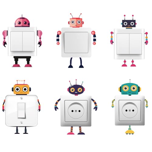 AHANDMAKER 6 Art Lustige Roboter Lichtschalter Aufkleber Bunte Cartoon Roboter Thema Wand Aufkleber Schalter Aufkleber Für Lichtschalter Outlets Ledge Schlafzimmer Klassenzimmer
